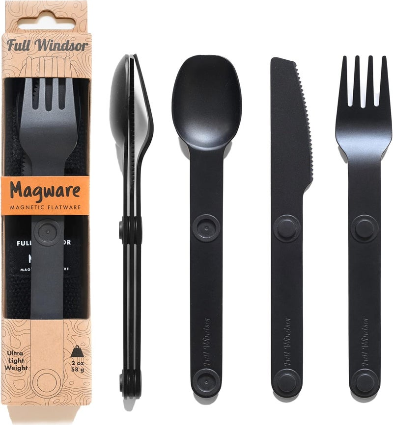 Full Windsor مجموعة أدوات تناول الطعام المغناطيسية من MAGWARE للتخييم - أدوات السفر للتخييم والطهي وتناول الطعام في الهواء الطلق - سكين وشوكة وملعقة - أدوات فضية محمولة مع حقيبة للتنزه - سوداء (3 قطع) - Image 1